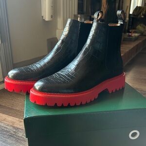 Elegant Black Crocodile Pattern Boots with Vibrant Red Soles